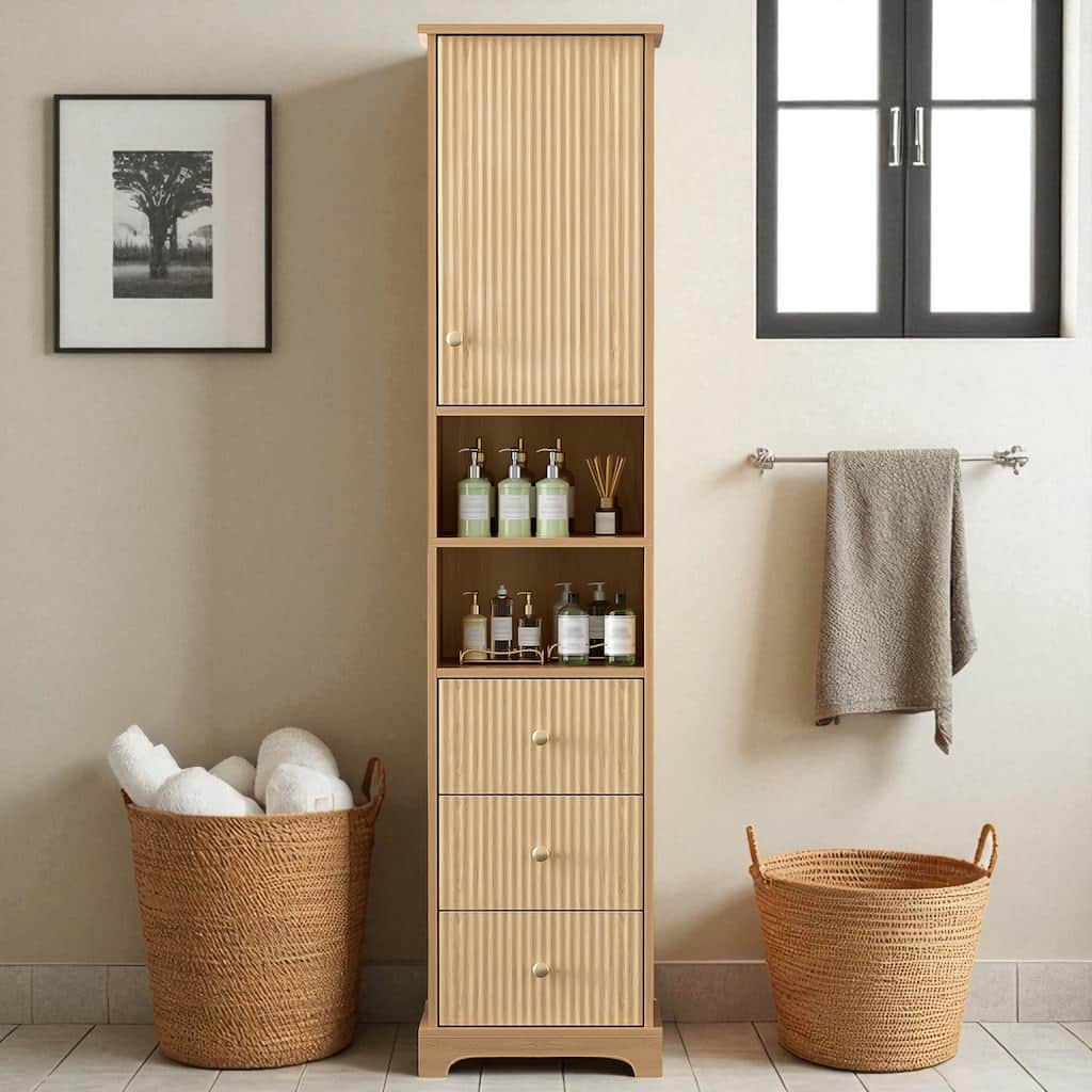 67.7 Inch Tall Freestanding Bathroom Cabinet with Adjustable Shelf, 3 Drawers, Open Storage, Gold Handles