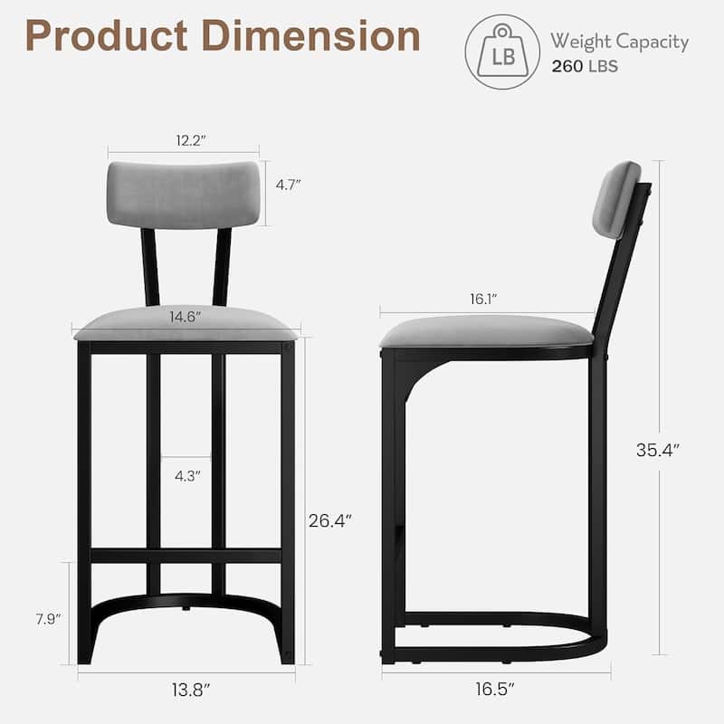 Modern Counter Height Tall Bar Stools Set of 2 with Upholstered