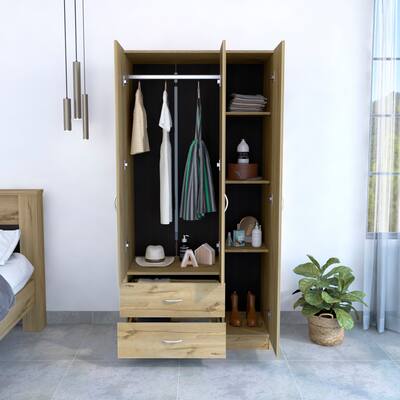 Bedroom 3-Door Armoire Cabinet w/Drawer and Shelves & Clothing Rod