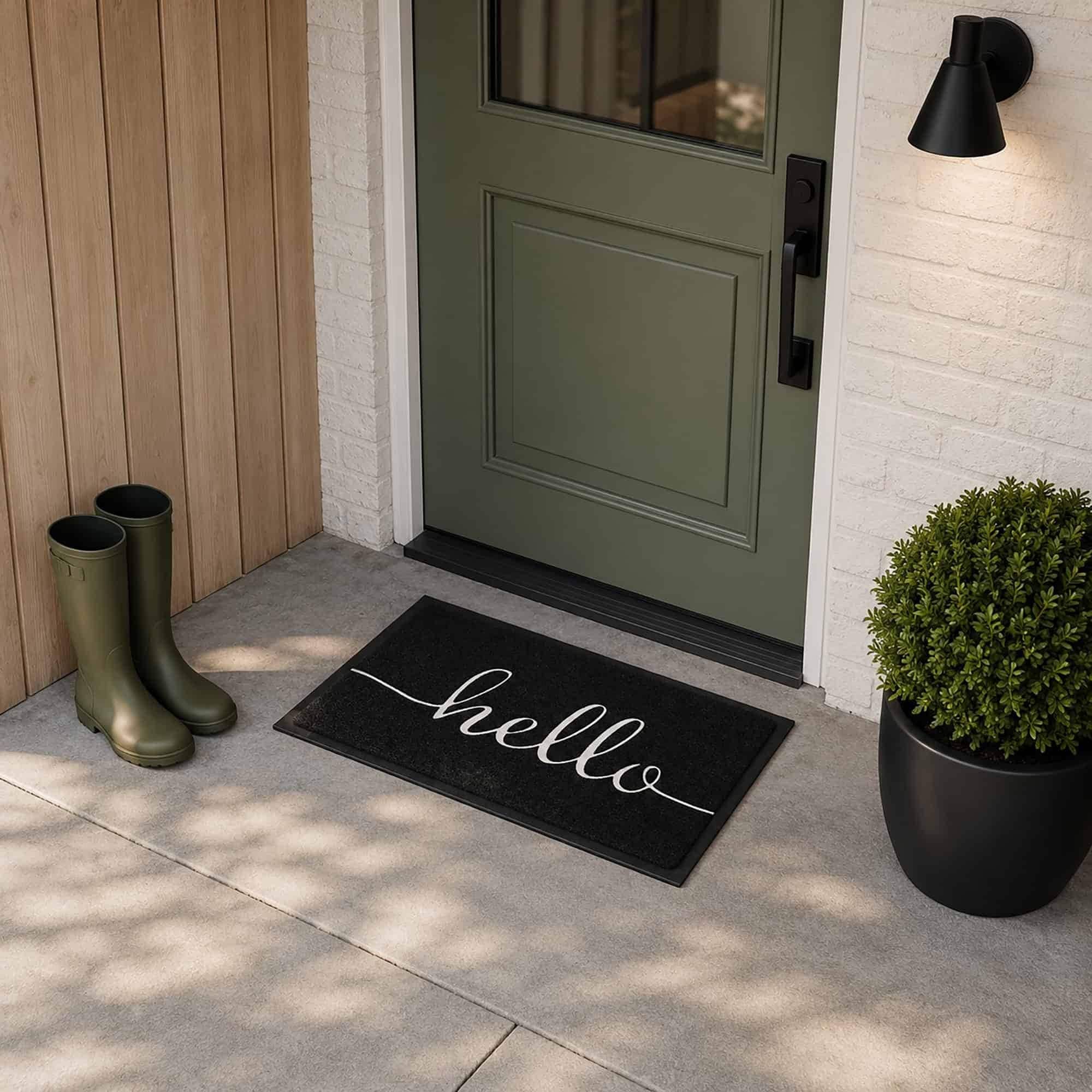 Hello Doormat 30x18 Inch Black PVC Indoor Outdoor Front Door Mat with White Script