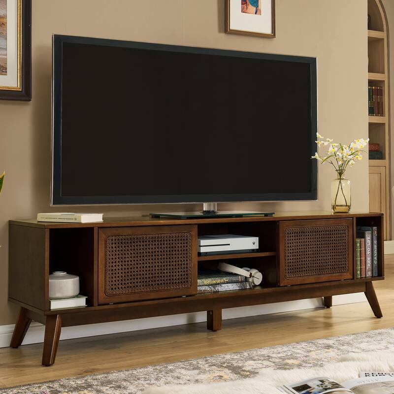Mid-Century Modern Rattan TV Stand for TVs up to 75" with 2 Sliding Doors and Solid Wood Legs, for Living Room, Walnut