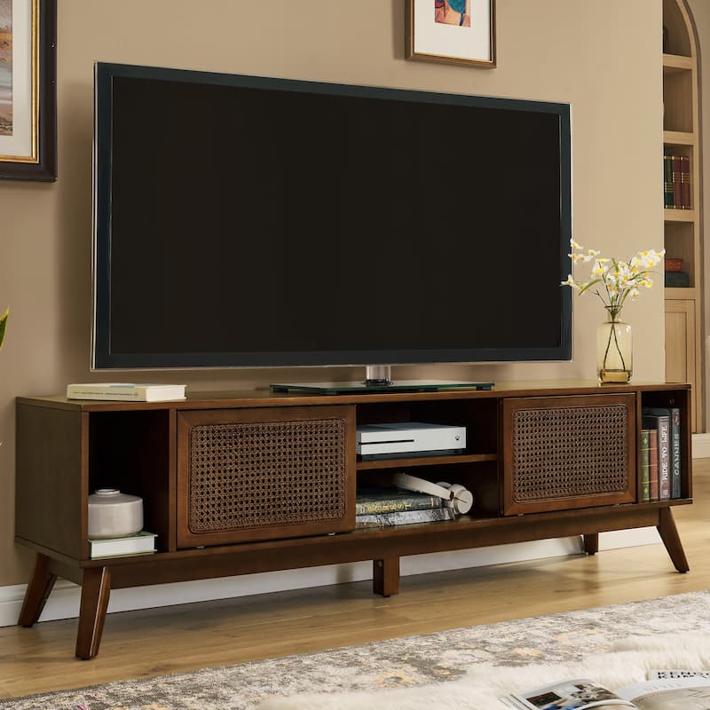 Roomfitters 67.9" Mid-Century Modern Rattan TV Stand Media Console with Storage Cabinet for 75" TVs - Walnut Brown