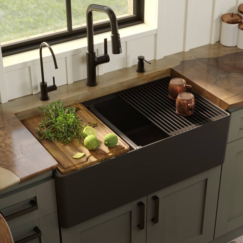 Karran 33" Double Bowl Workstation Fireclay Kitchen Sink with Reversible Fluted Apron Front