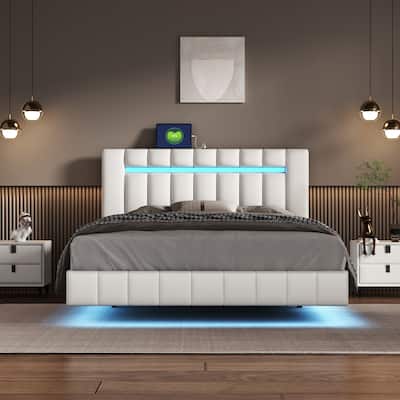 Queen Size Upholstered Platform LED Bed Frame