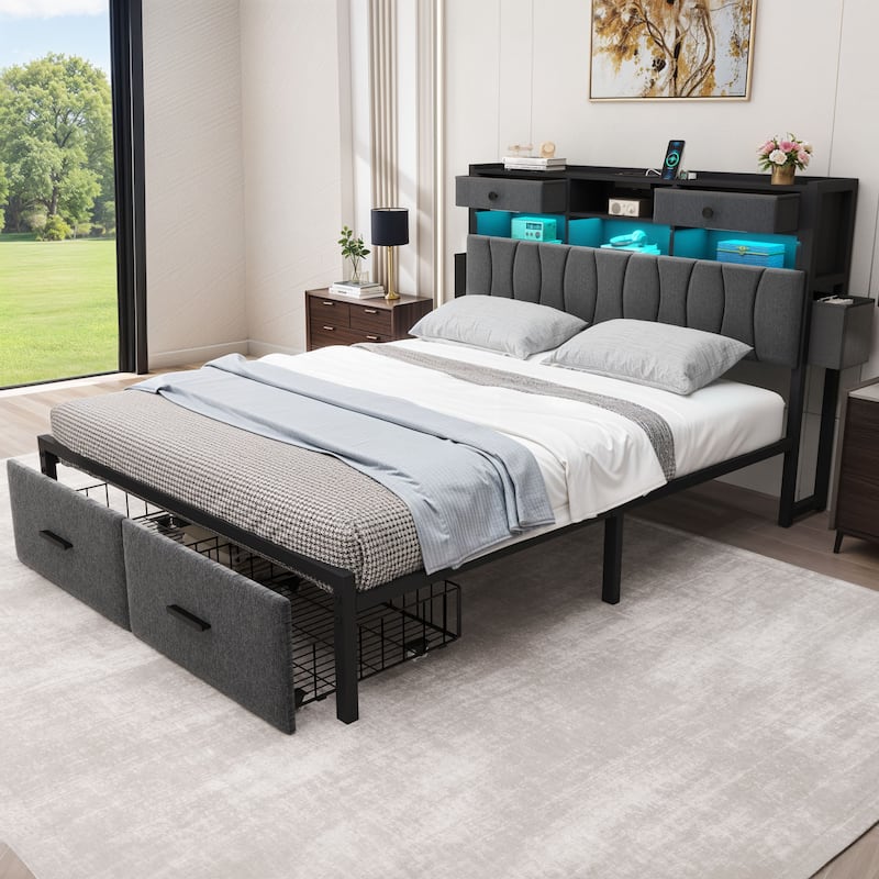 Moasis Linen Upholstered Platform Bed, Bed Frame with Hidden Storage Headboard and Charging Station - Grey - Queen
