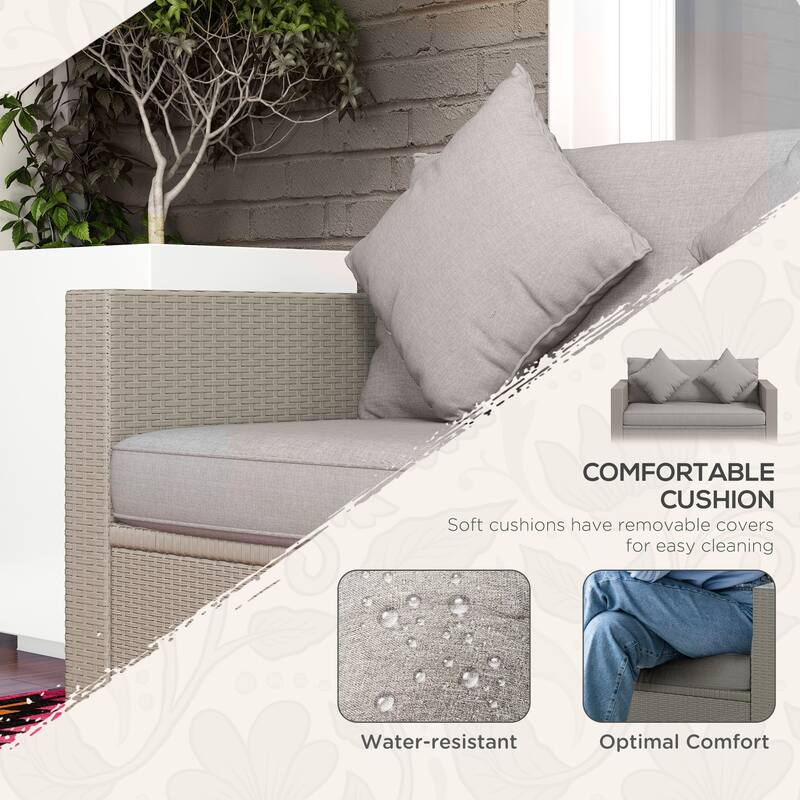 Outsunny Outdoor Wicker Loveseat, Patio Furniture Couch with Cushions, 2 Seats PE Rattan Sofa, 2 Throw Pillows