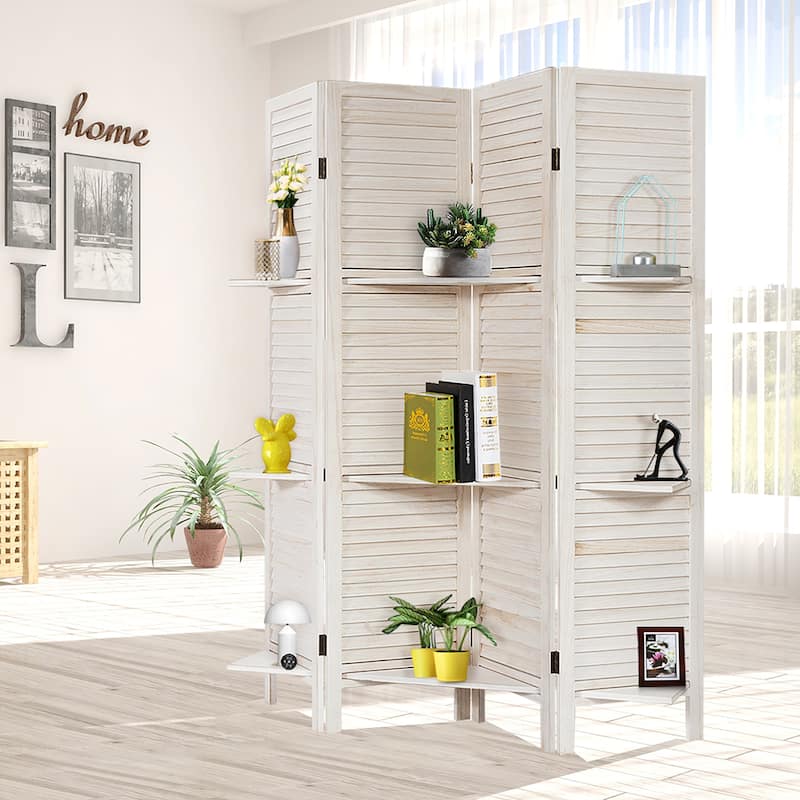 4 Panel 5.6 Ft Tall Wood Room Divider with 3 Display Shelves