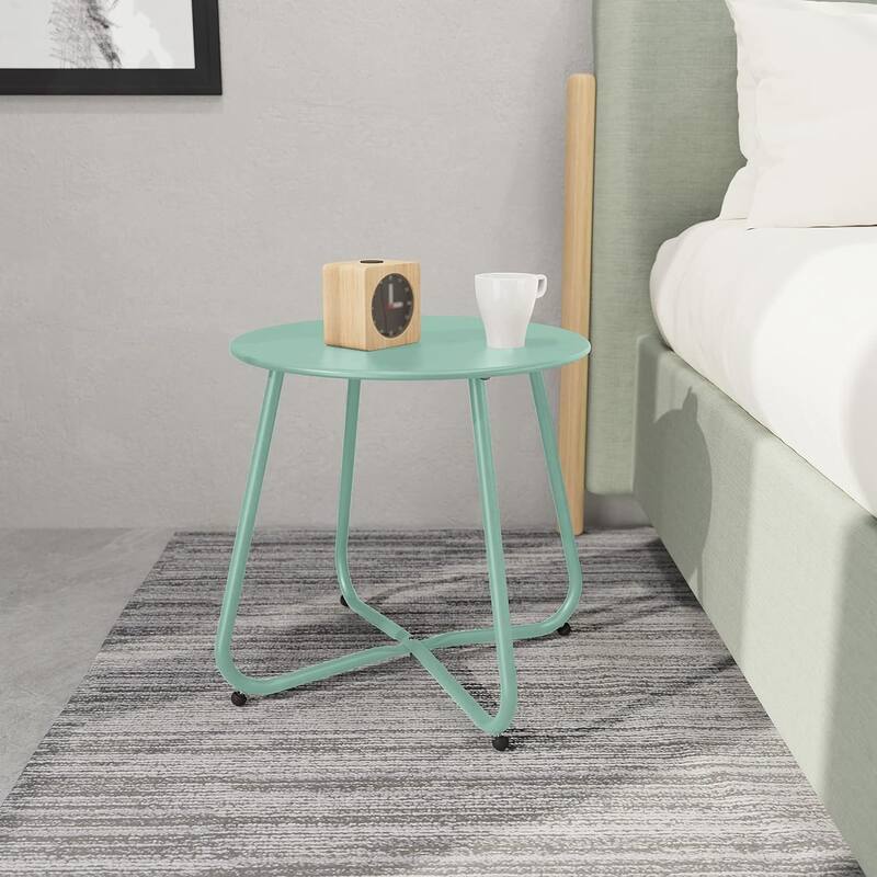 E-Coated Steel Side Table, Weather- Resistant Outdoor 18” Round End Table Accent Table for Bistro Balcony Apartment