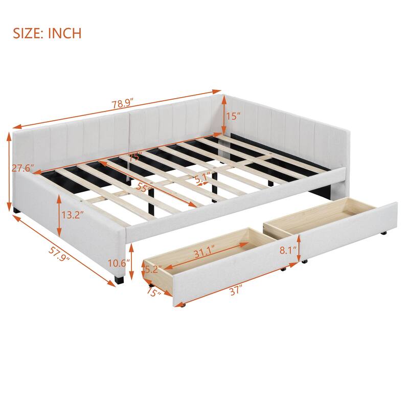 L-Shaped Backrest Daybed Upholstered Daybed Frame Classic Wood Slats Design with 2 Storage Drawers or Trundle, Full Size