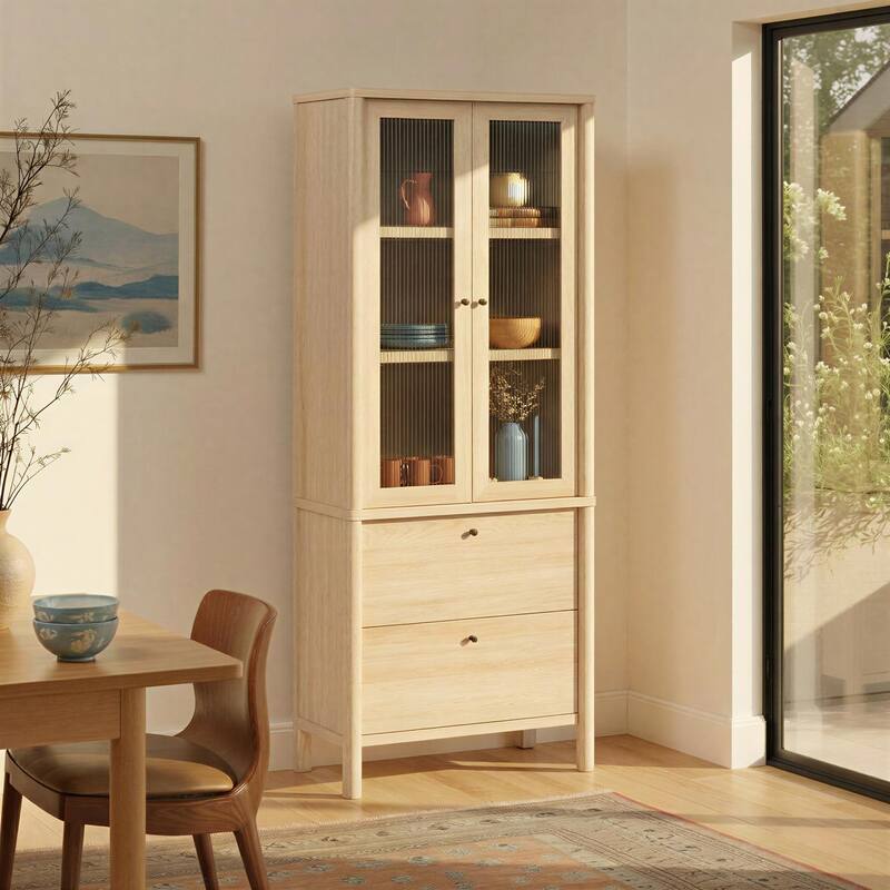 Walker Edison Modern Fluted Glass Bookshelf Cabinet with Drawers