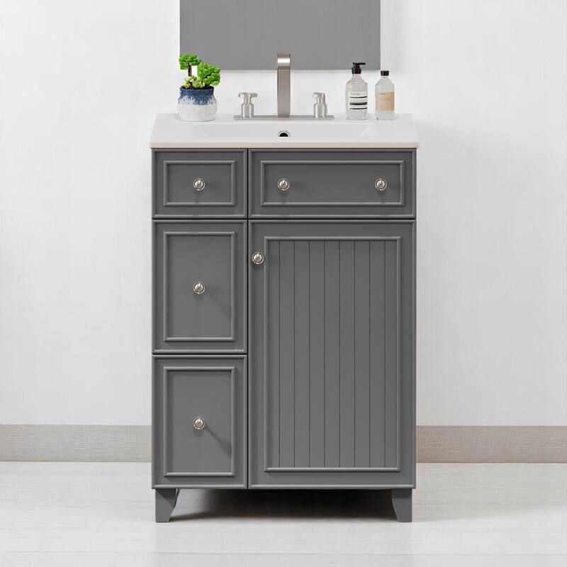 24" Bathroom Vanity with Ceramic Sink, 2 Drawers, Soft-Close Door, Freestanding Cabinet for Small Spaces, MDF and Wood
