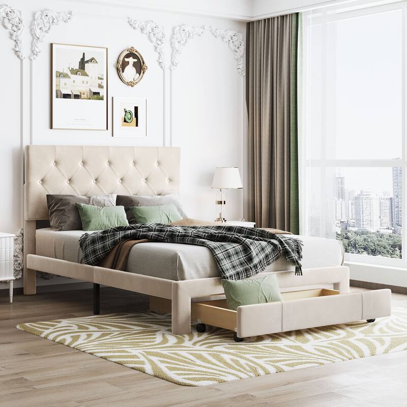 Storage Bed Velvet Upholstered Platform Bed with a Big Drawer