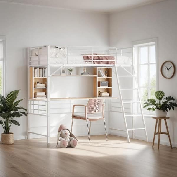 slide 2 of 25, Contemporary Twin Size Loft Bed with Desk, Shelf, Storage Shelves and Ladder, Sturdy Construction & Safety Guaranteed, White White