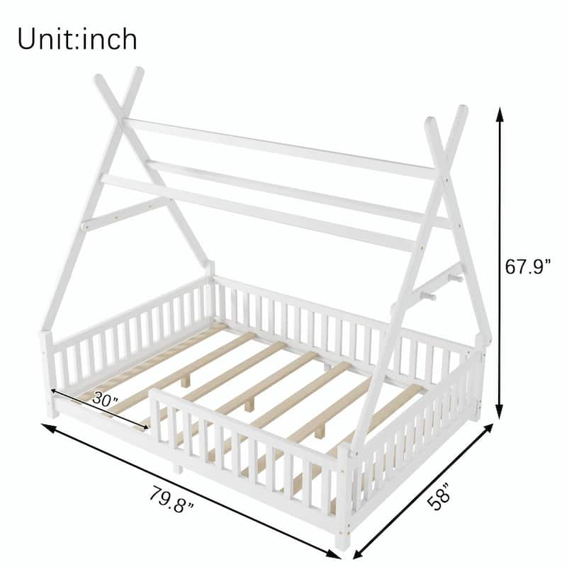 House Bed with Light, Low Floor House Bed with Fence and Roof