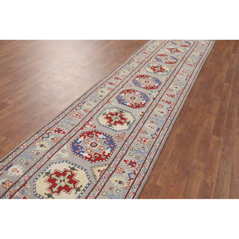 Hand Knotted Oriental 100% Wool Carpet Traditional Geometric Greys & Charcoal Kazak Runner Rug - 13' 3'' X 2' 8''