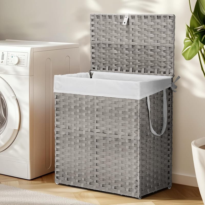 Laundry Hamper with Lid, Synthetic Rattan Clothes Laundry Basket with Lid and Handles, Foldable, Removable Liner - Grey - 110L