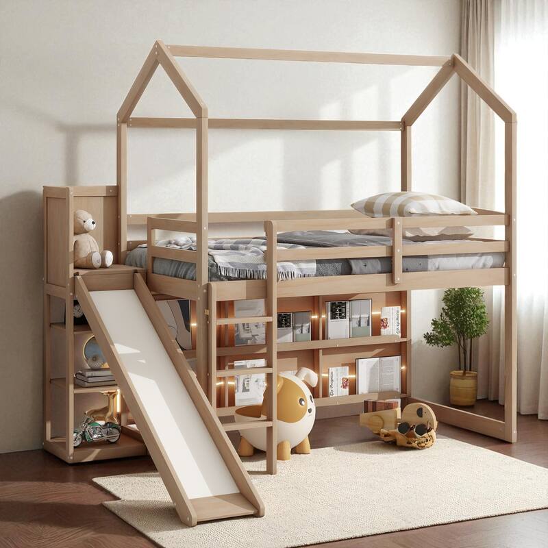 Twin Size Wood House Loft Bed with Slide, Storage Shelves, Light and Climbing Ramp, Full Guardrails