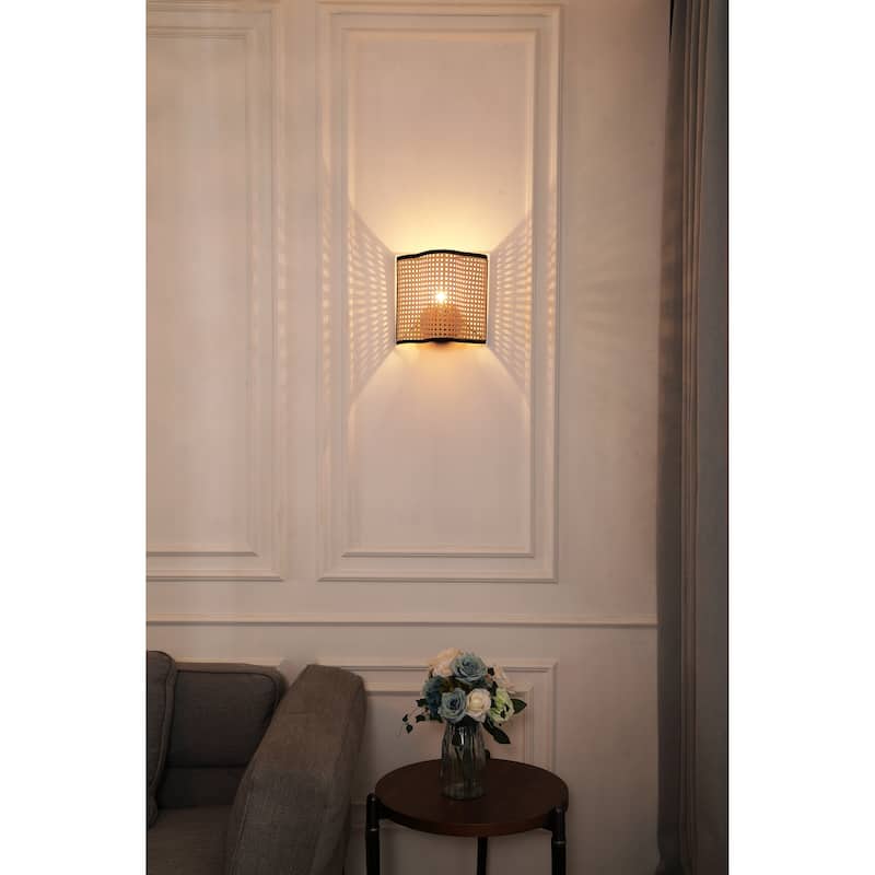 VidaLite Mid Century Bohemian Wall Scounce with PVC Rattan and Velvet Shade