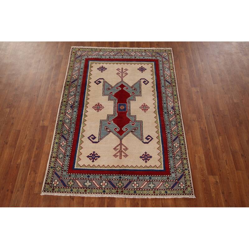 Ivory Geometric Kazak Oriental Area Rug Hand-Knotted Wool Carpet - 4'1" x 5'11"