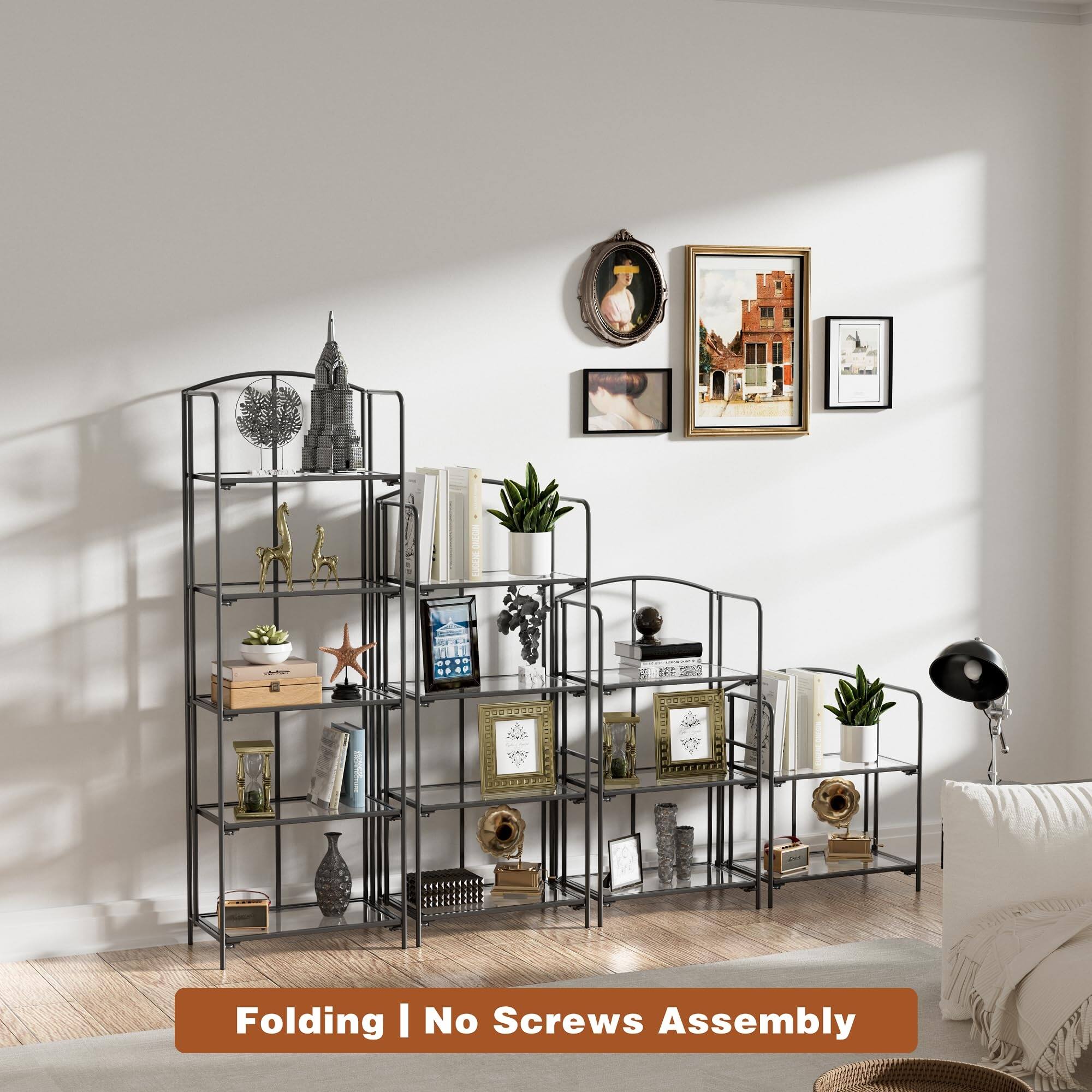 No Assembly Folding Bookshelf, 2 Tier Black Bookshelf, Metal Book Shelf
