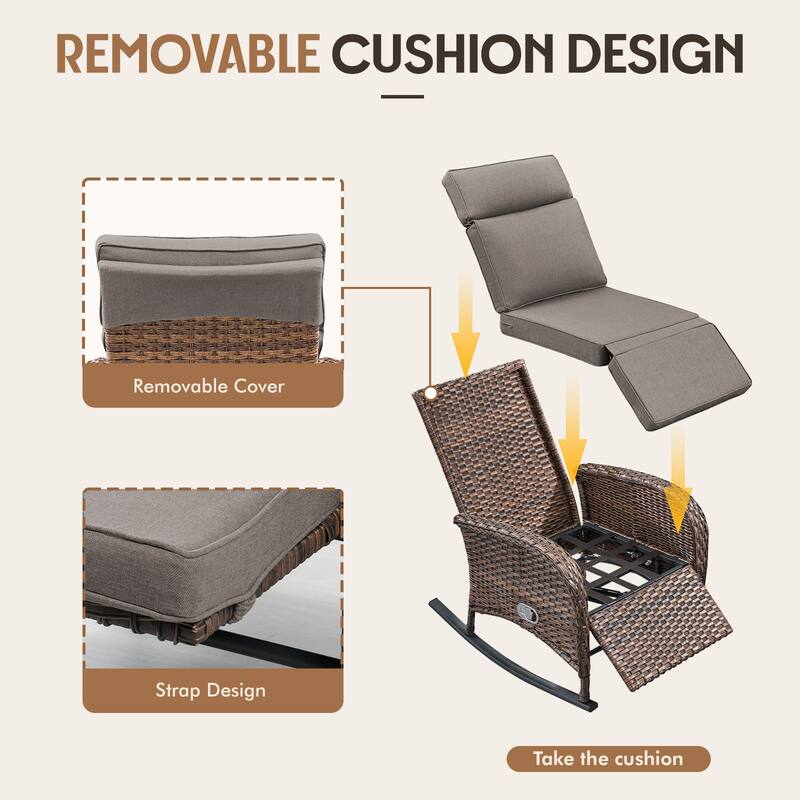 Meyreso 6-Piece Wicker Rocking Reclining Chaise Lounge with Adjustable Backrest & Footrest