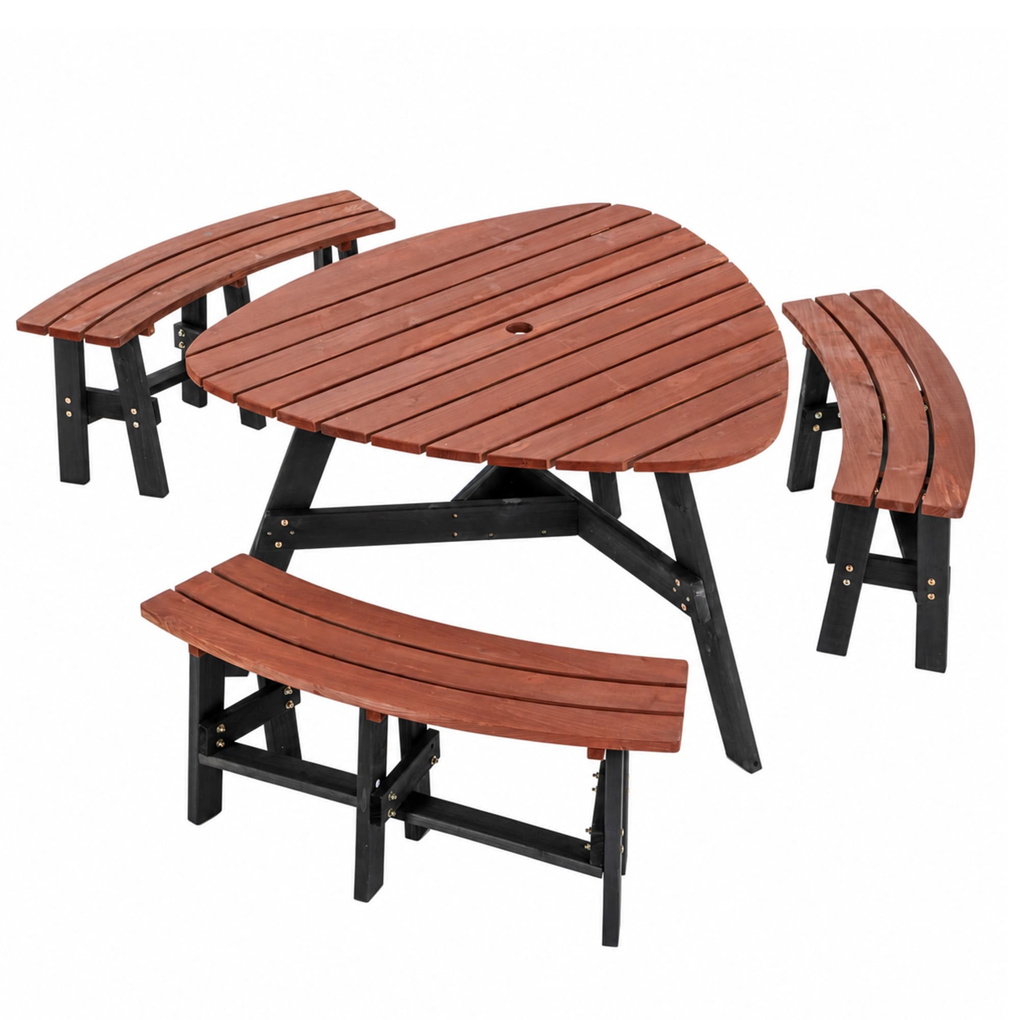 6 Person Semi Circular Solid Fir Wood Picnic Table w 3 Built in Benches Umbrella Hole Patio