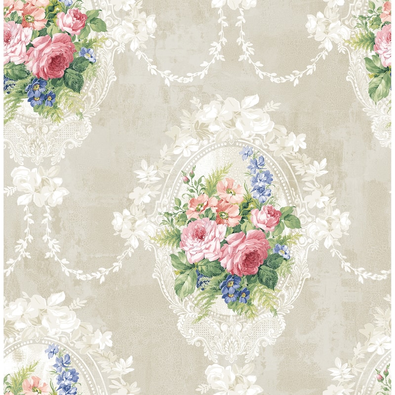 Seabrook Designs Sheard Peony Chandelier Unpasted Wallpaper - 20.5 in. W x 33 ft. L - Metallic Taupe & Strawberry