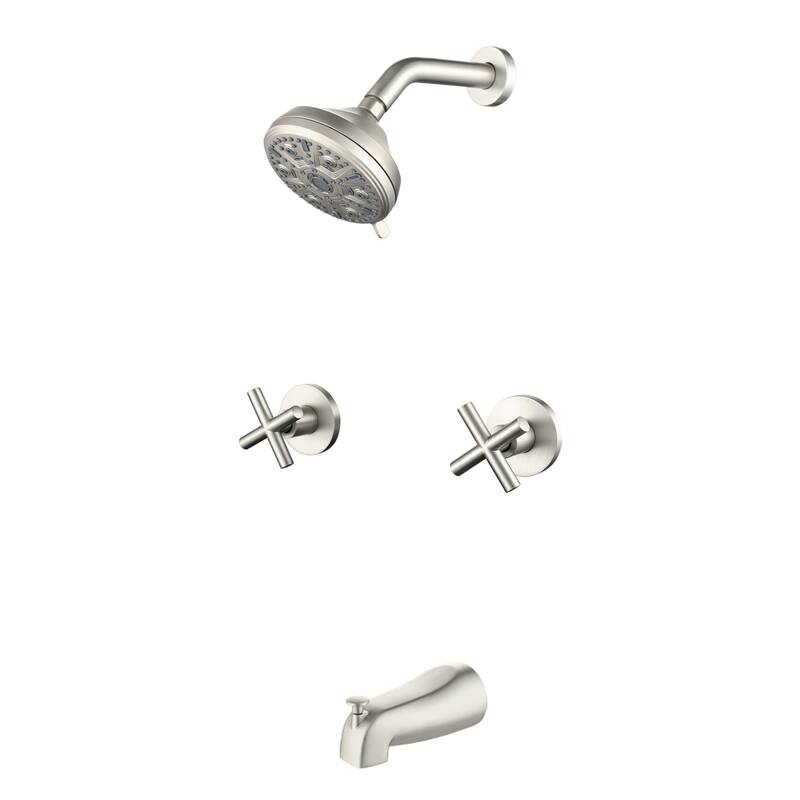 Wall Mount Shower Faucet with Tub Spout Brass 10-Setting Spray Complete Wall Mounted Shower System with Valve - Brushed Nickel