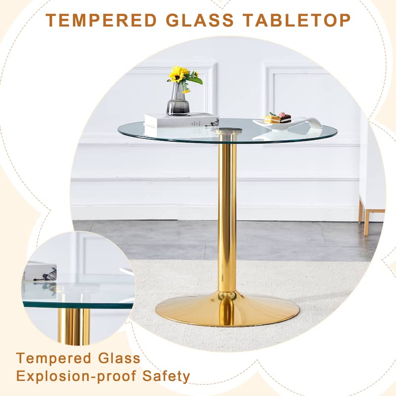 Modern 5-Piece Round Dining Table Set, Compact Dining Table & Chair Set for 4 with 35" Glass Table and 4 Upholstered Chairs