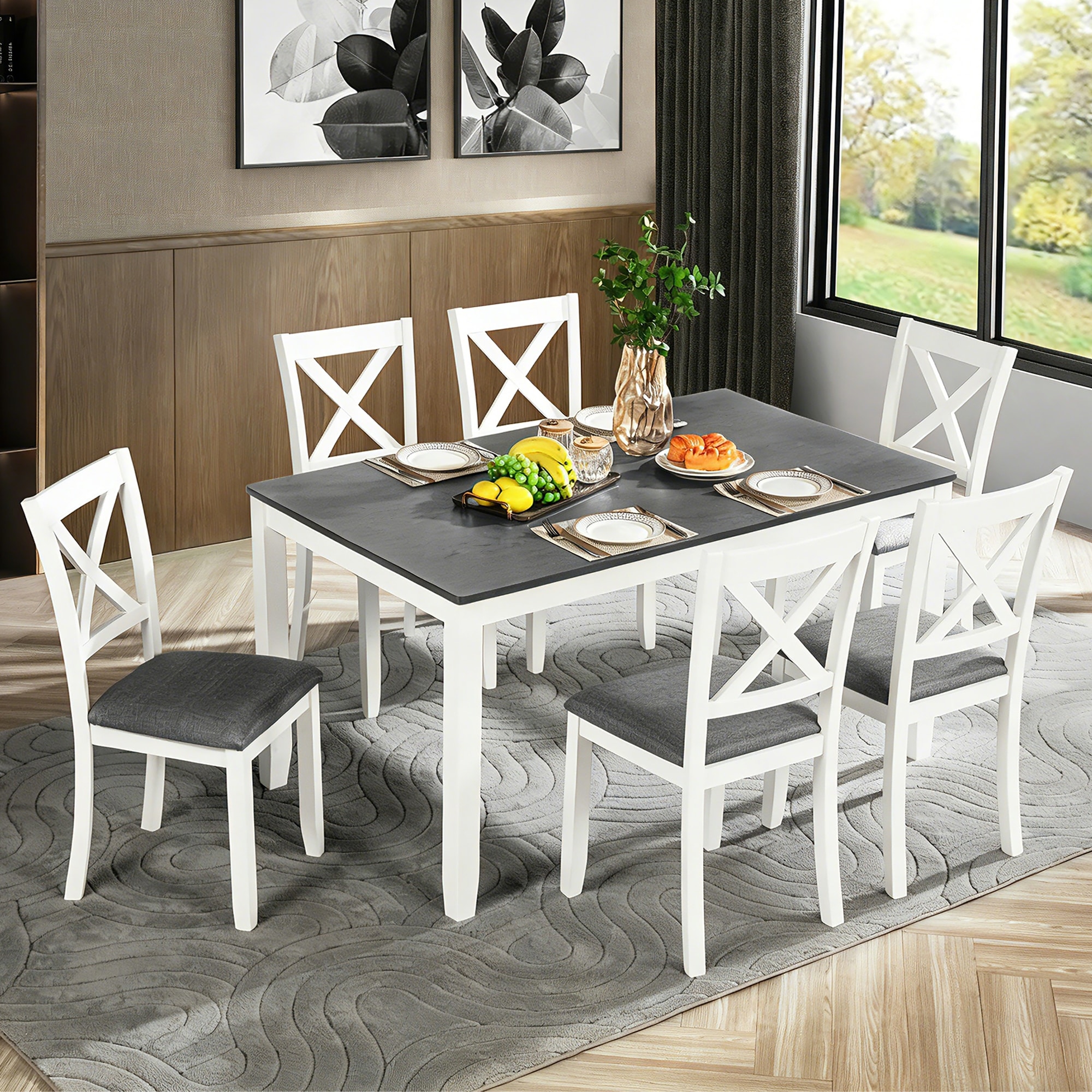 7-Piece Wood Dining Table and Chairs Set with 6 Padded Chairs