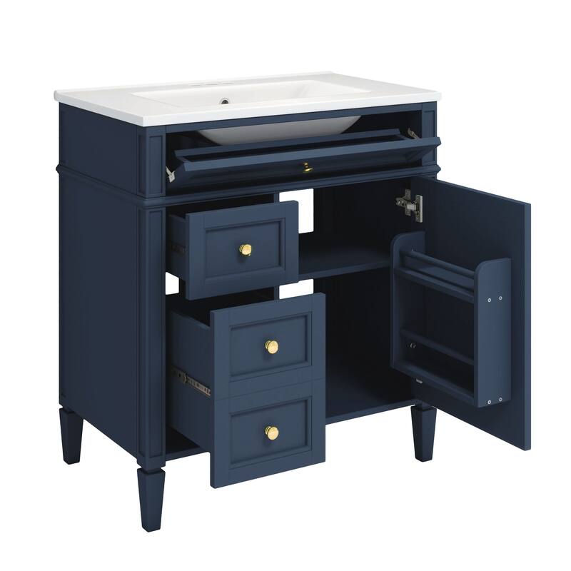 Modern 30" Bathroom Vanity with Ceramic Sink, 2 Drawers & Tip-Out Drawer for Bathroom Storage
