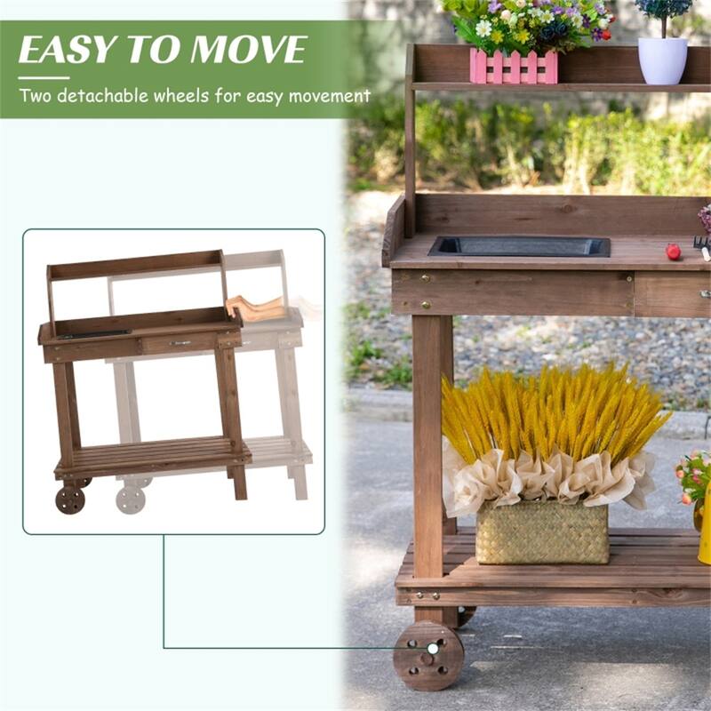 Brown Outdoor Wooden Potting Table with Storage Drawer Removable Sink and Movable Wheels - 36.25" L x 17.75" W x 46.75" H