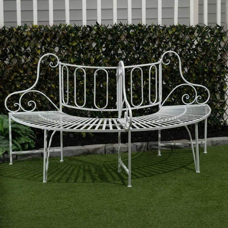 White Powder-Coated Aluminum Half-Circle Patio Garden Tree Bench - 34.25” D x 68.9” W x 93.98” H