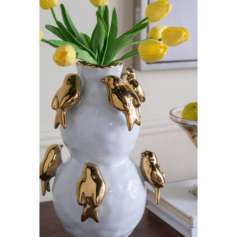 8.5x8.5x14" White Two-Tiered Ceramic Vase with Gold Bird Accents