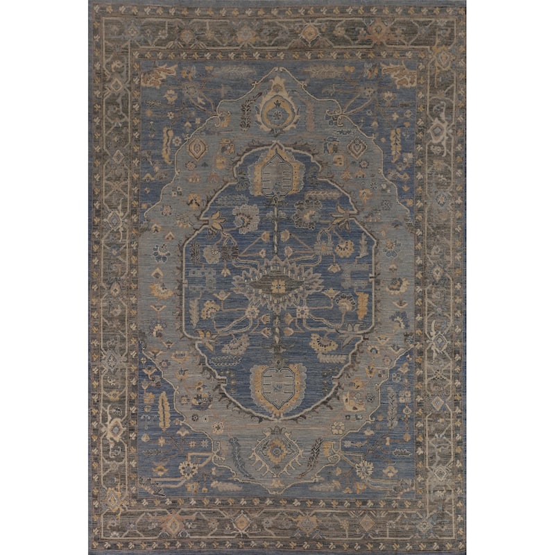 Transitional Blue Oushak Turkish Area Rug Handmade Wool Carpet - 9'2"x 11'10"