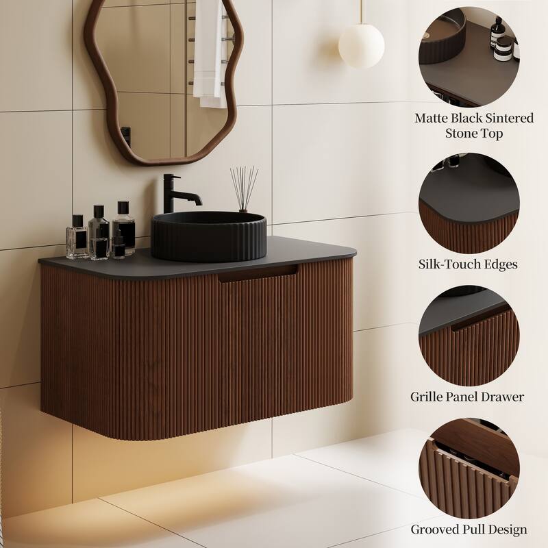 35.83'' Single Bathroom Vanity with Stone Top, Brown, 2 Drawers