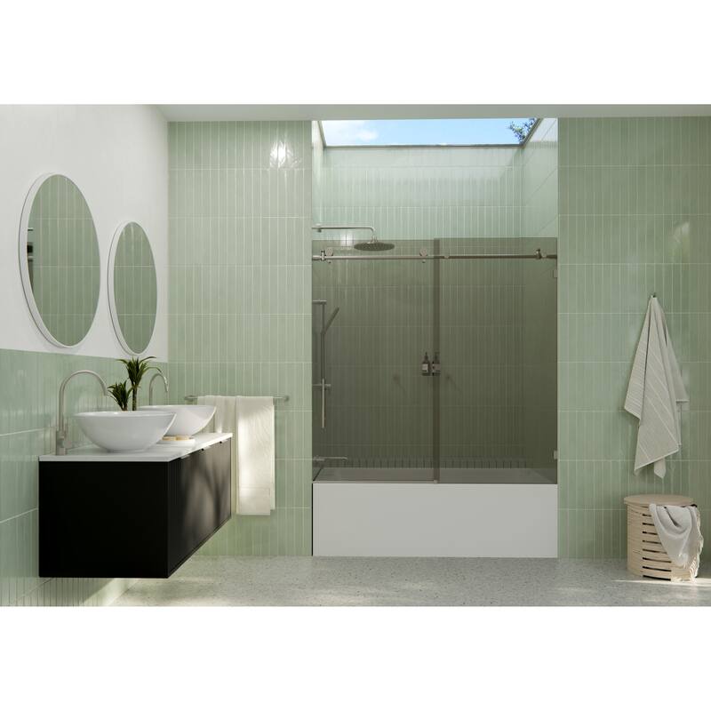 Equinox 60 in. x 60 in. Fully Frameless Glass Bath Slider with Gray Tint