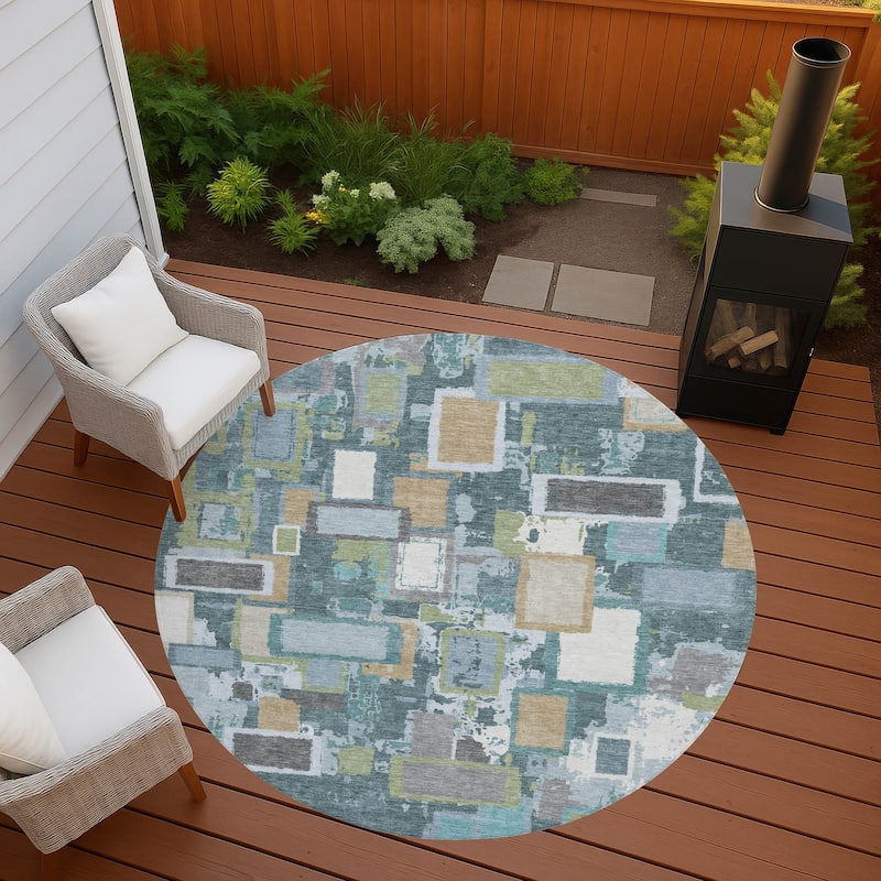 Machine Washable Indoor/ Outdoor Contemporary Geo Chantille Rug - Teal - 8' x 8'