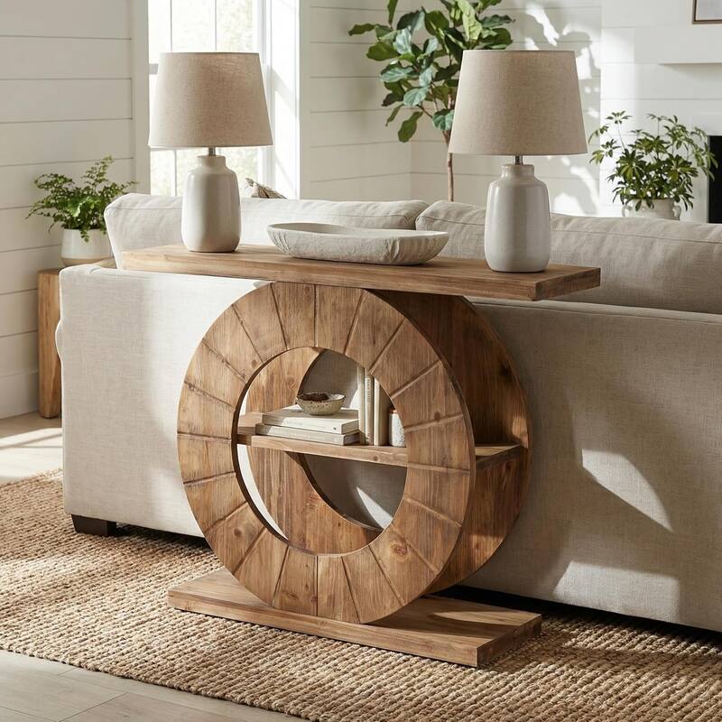 Solid Wood Console Table with Storage, Sofa Table with 3-Tier Shelves for Living Room, Hallway, Foyer