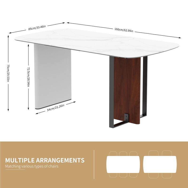 Rectangular White Dining Table with Sintered Stone Glass Top - 64" W x 34" D x 30" H