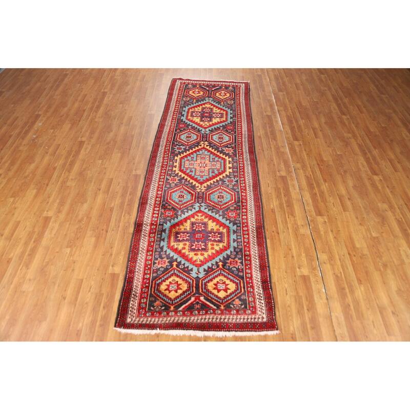 Navy Blue Ardebil Persian Vintage Runner Rug Handmade Wool Carpet - 3'5"x 10'5"