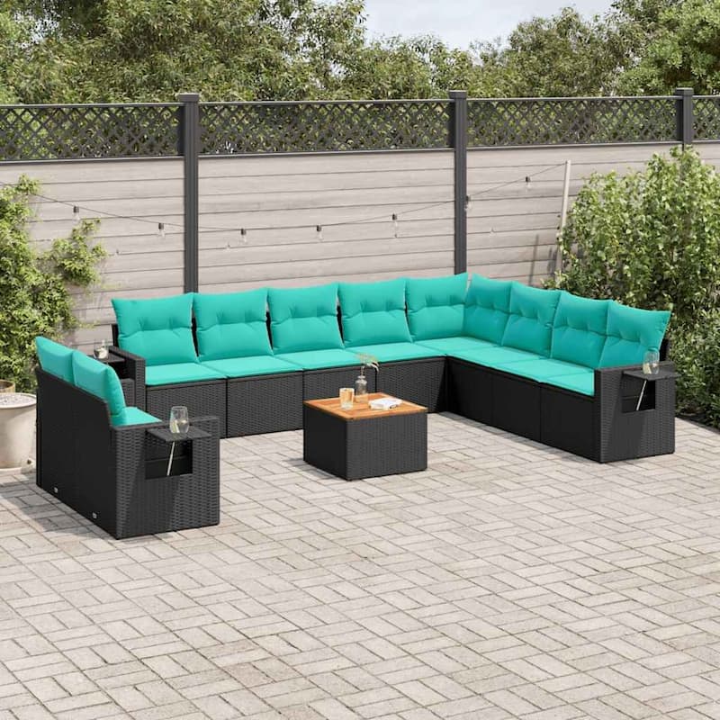 vidaXL 11 Piece Patio Sofa Set with Cushions Black Poly Rattan - 24.4" x 24.4" x 27.2" - Black and blue
