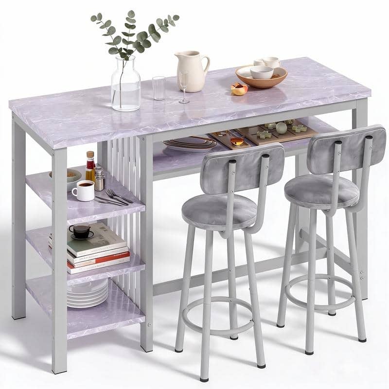 3-Piece Dining Room Table Set with 2 Upholstered Bar Stools, Modern Farmhouse Bar Table Set for 2 with Multiple Tier Shelves