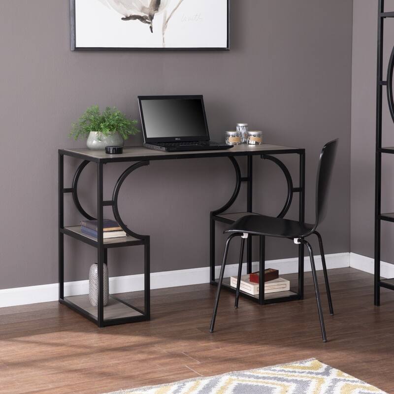 Tyberton Gray and Black Writing Desk with Storage 4 Open Shelves, Modern Pedestal Base, MDF Construction