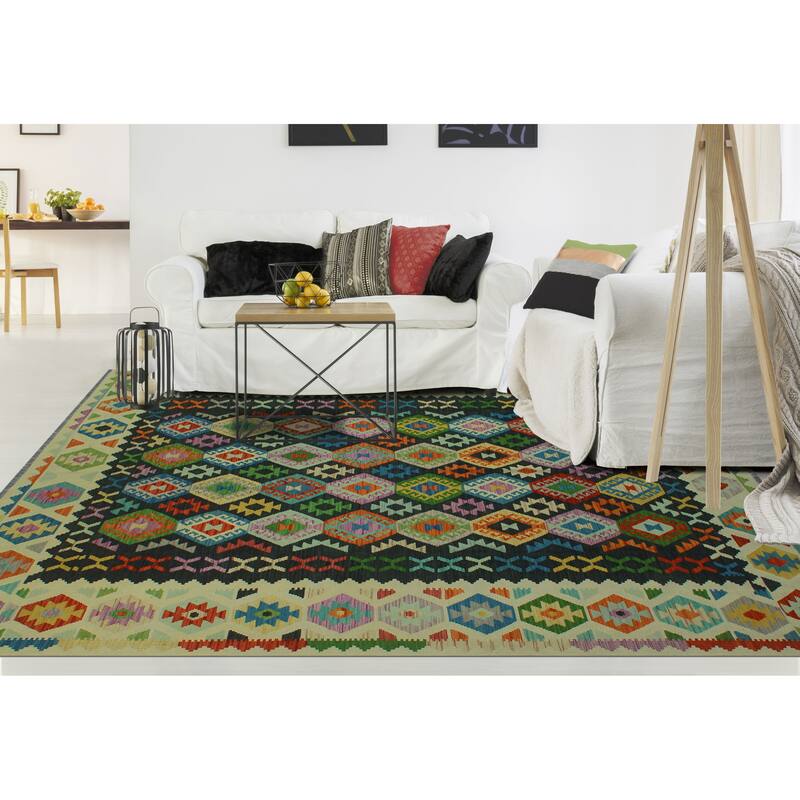Hand-Woven Sangat Kilim Lizzie Charcoal/Ivory Rug - 8'3" x 11'1"