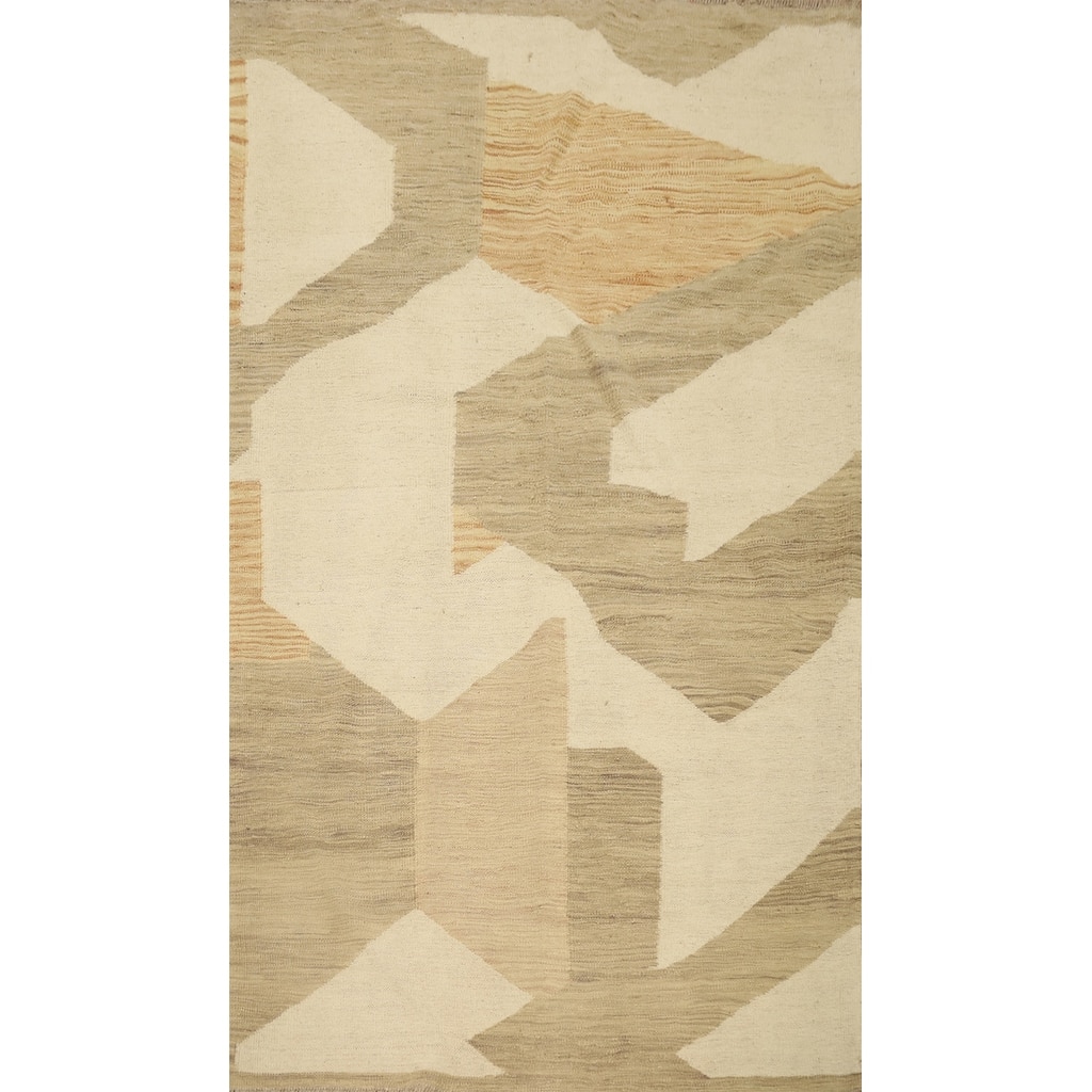 Hand Woven Oriental 100% Wool Carpet Southwestern Modern Beige & Ivories Kilim Area Rug - 5' 10'' X 3' 11''