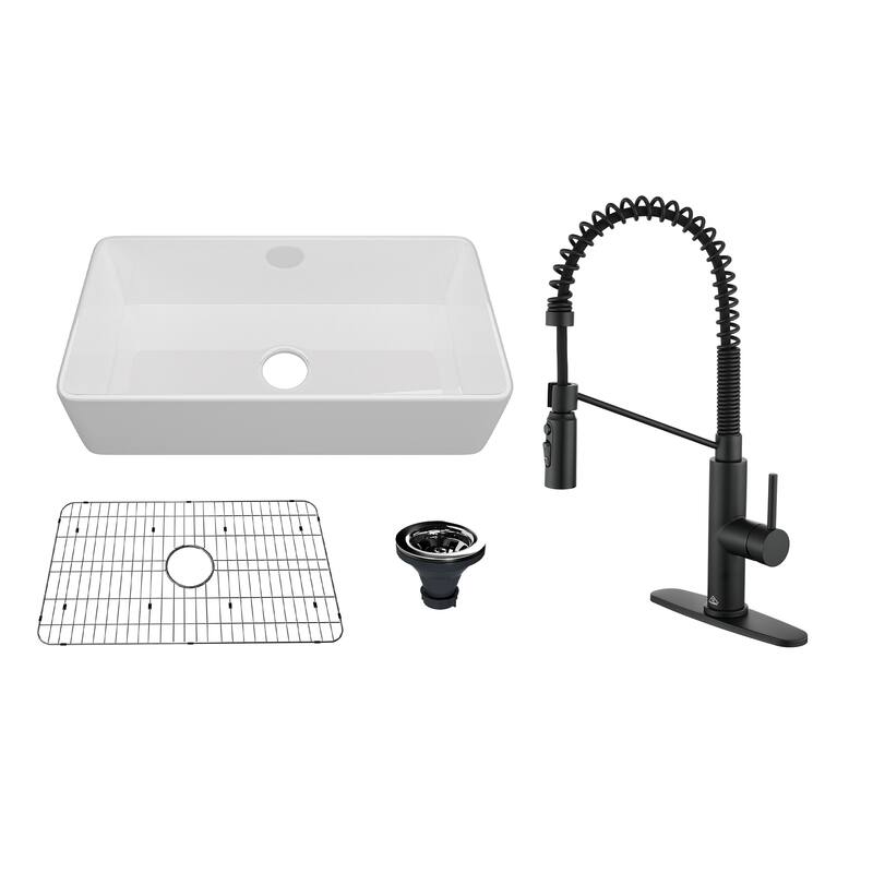 Farmhouse/Apron-Front Single Bowl Fireclay Kitchen Sink with 3-Function Pull-Down Kitchen Faucet, Grid, and Basket Strainer - 36" Glossy White Sink + Matte Black Faucet - 36 x 18 x 10