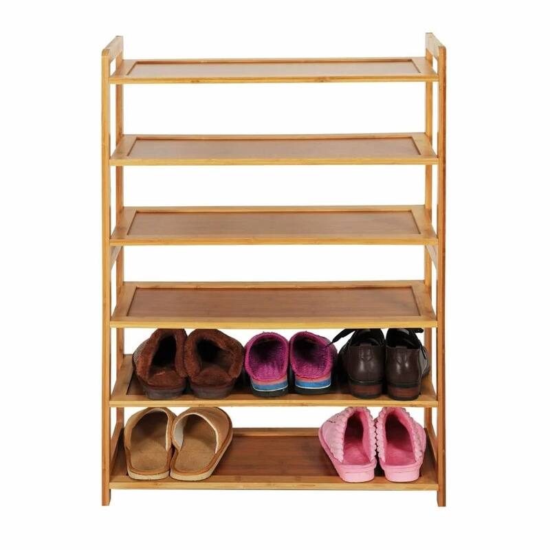 Brown Solid Wood Wicker 6-Shelf Shoe Rack for 24 Pairs with Freestanding Design - 35.43'' H x 26.77'' W x 9.84'' D