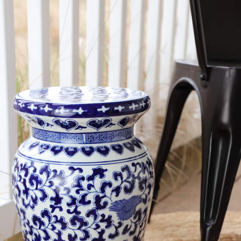 Euro Ceramica Blue Garden Porcelain Decorative Lotus Podium Stool