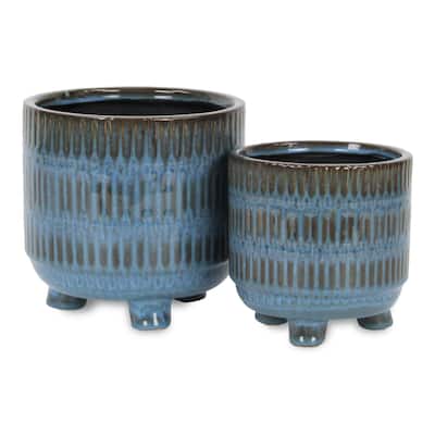 Victrola Raised Round Tri-Band Lined Pattern Ceramic Pot - Blue